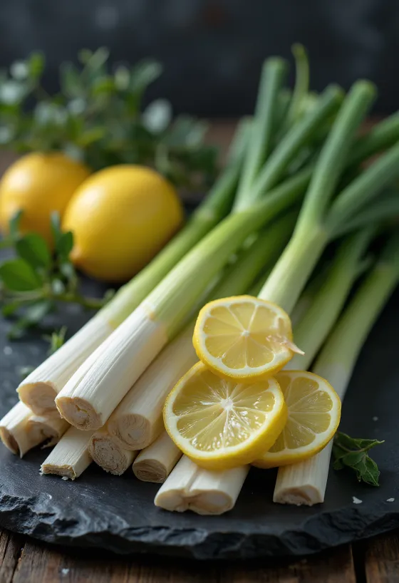 Fresh lemongrass stalks arranged on a plate