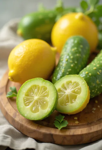 Lemon cucumber slices on a chopping board amongst fresh vegetables
