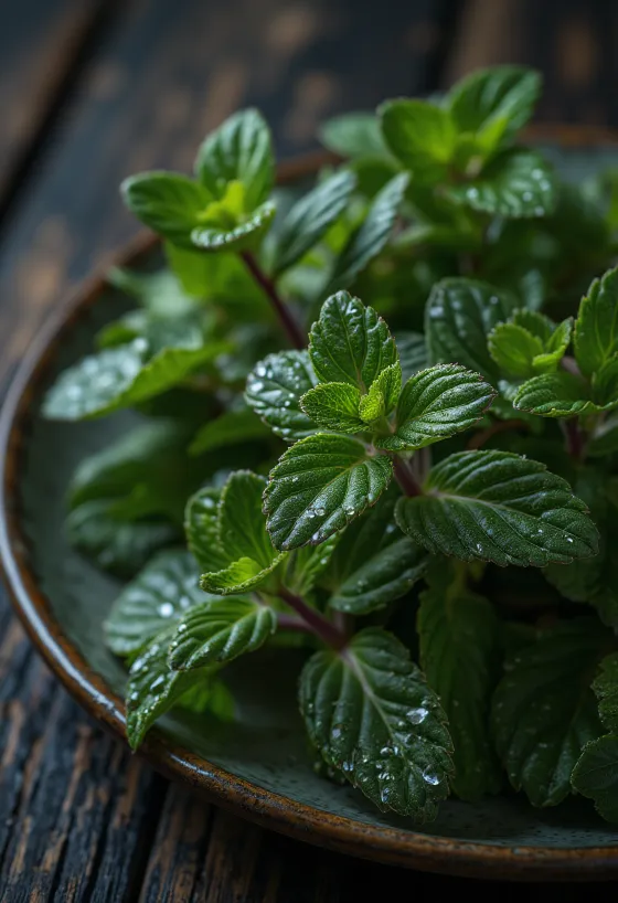 Fresh chocolate mint leaves on a plate.
