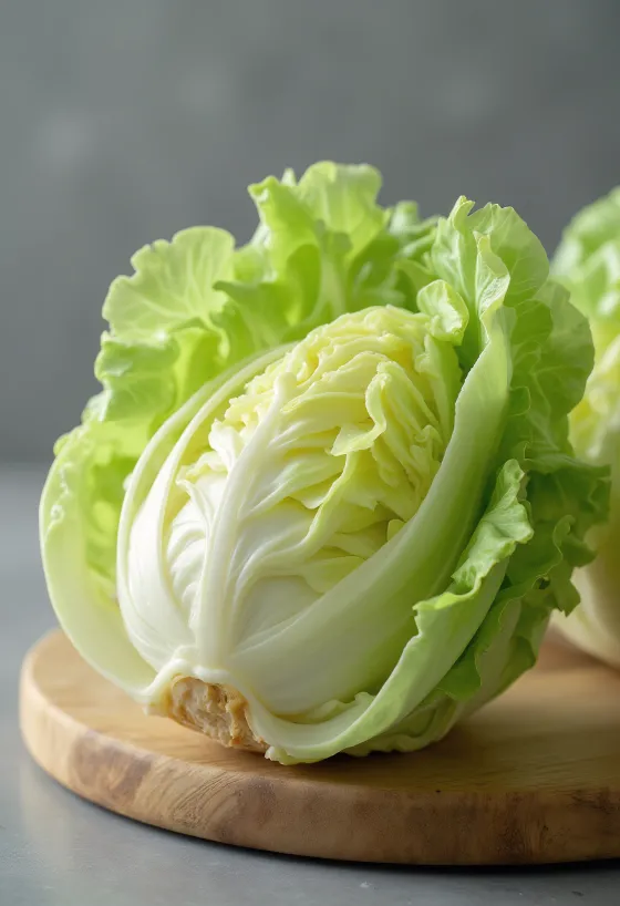 Fresh sugarloaf chicory with pale green leaves on a chopping board