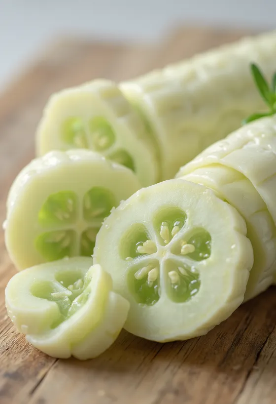 Slices of white cucumber on a chopping board surrounded by fresh vegetables