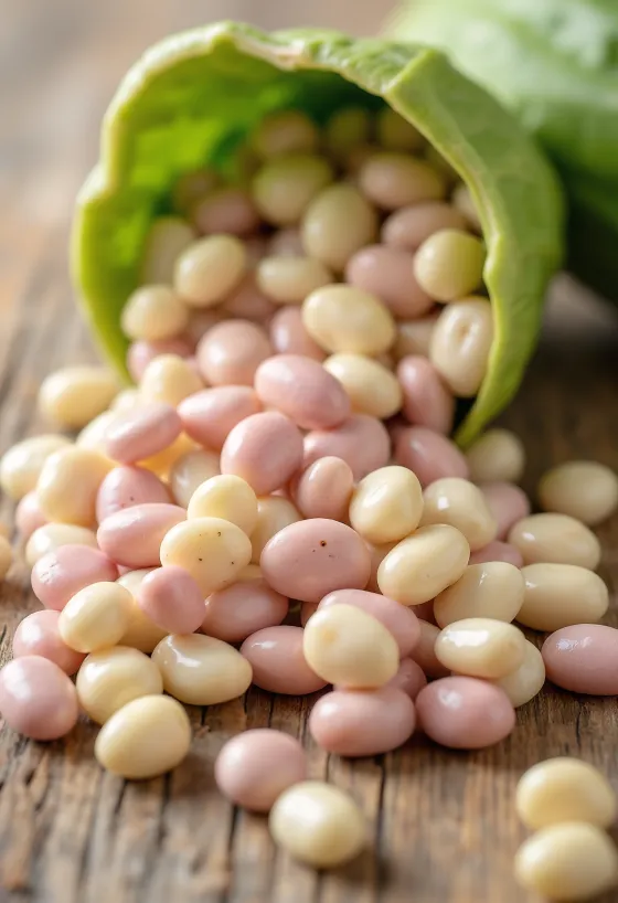 Fresh shelled white beans arranged neatly on a chopping board