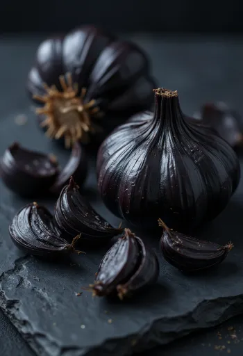 Glossy black garlic cloves arranged in a small bowl