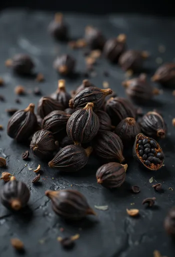 Dried Black Cardamom pods on a wooden surface