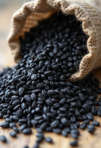 Black rice in a small glass jar surrounded by raw grains