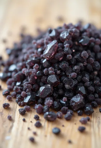Black salt in a small jar, rich dark crystals with a wooden spoon