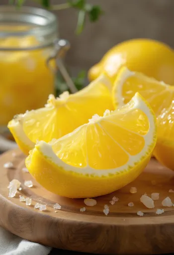 Preserved lemon slices in a jar, translucent and golden yellow