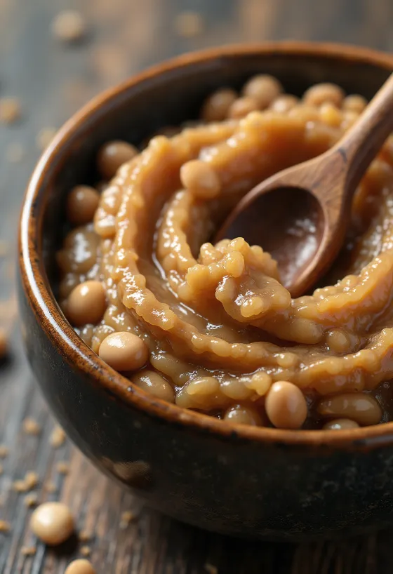 Fermented soya product in a small jar surrounded by soya beans
