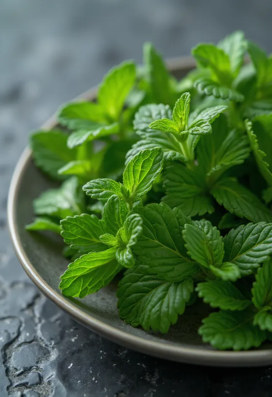Fresh spearmint leaves on a plate.