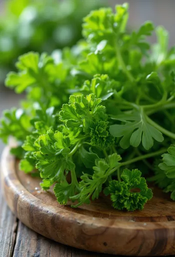 Fresh curly parsley leaves on a chopping board