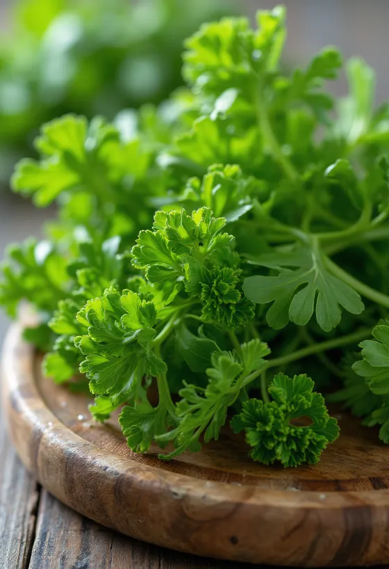 Fresh curly parsley leaves on a chopping board