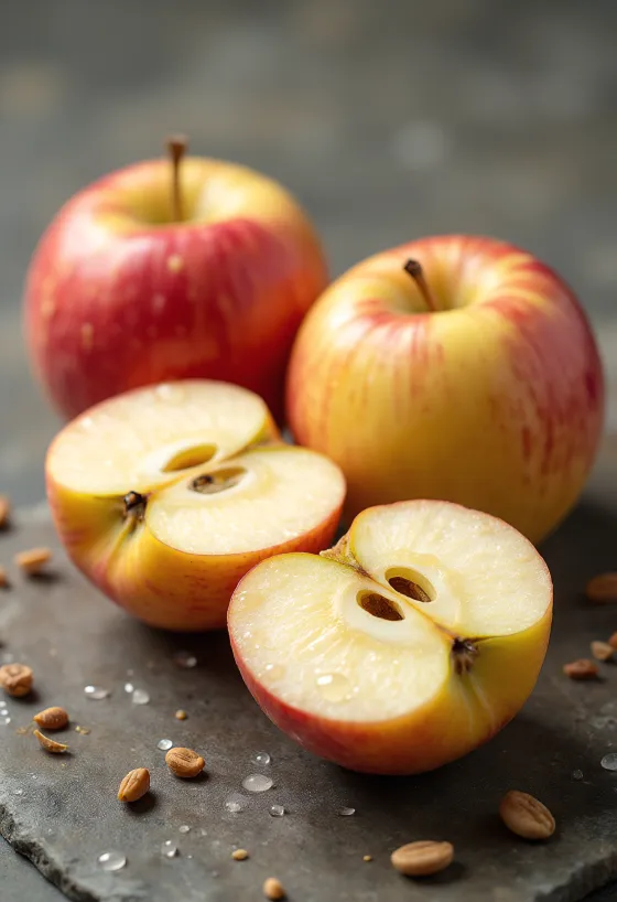 Fresh Fuji apples and slices on a chopping board