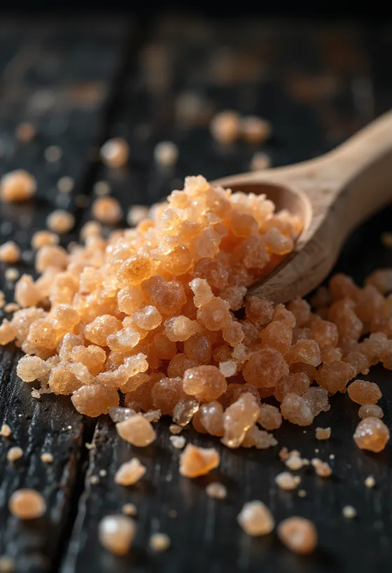 Smoked salt in a small jar with brown crystals