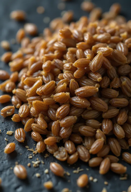 Roasted barley grains on a chopping board