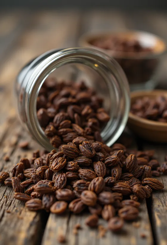 Roasted rye grains on a chopping board