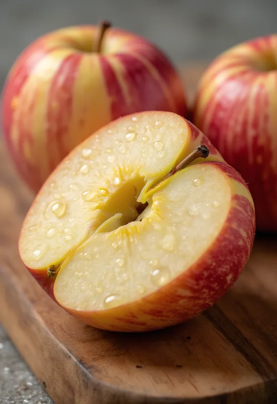 Fresh Gala apples, whole and sliced on a cutting board