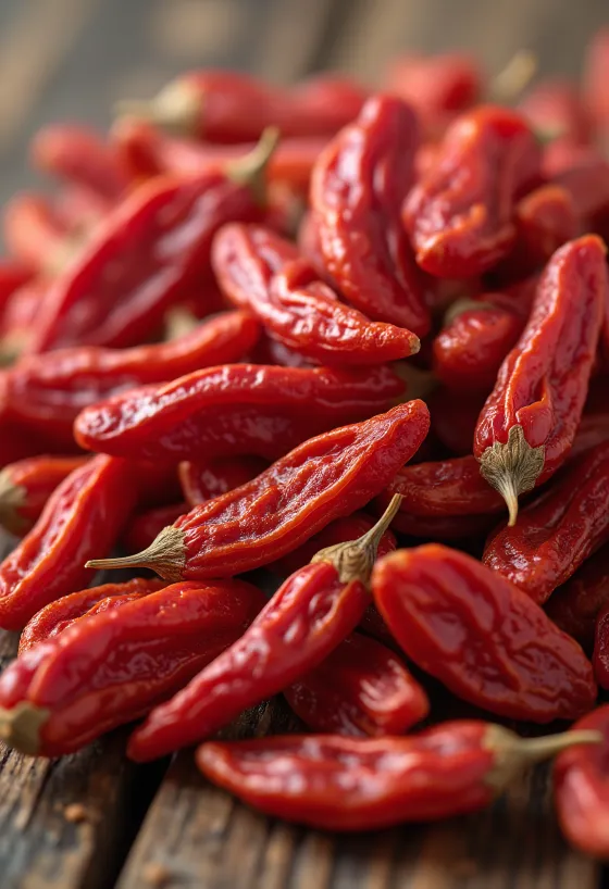 Dried goji berries in a glass jar, vibrant red colour