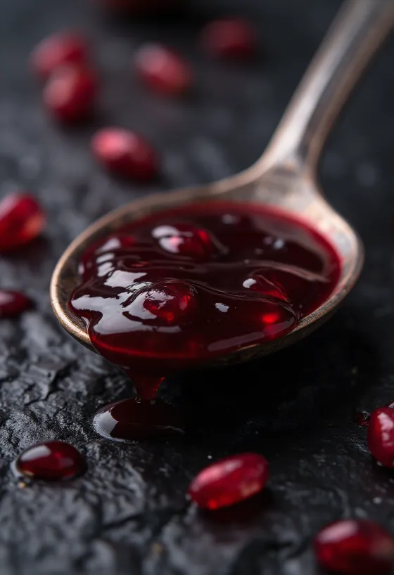 Pomegranate molasses in a small glass jar, displaying a deep ruby colour