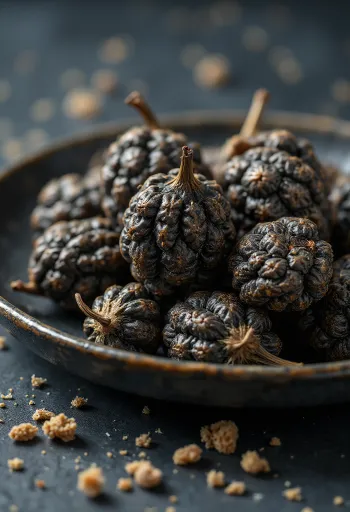 Dried long pepper catkins on a wooden surface