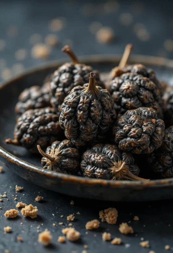 Dried long pepper catkins on a wooden surface