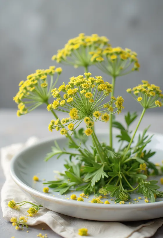 Fresh dill flower heads (umbels) on a plate