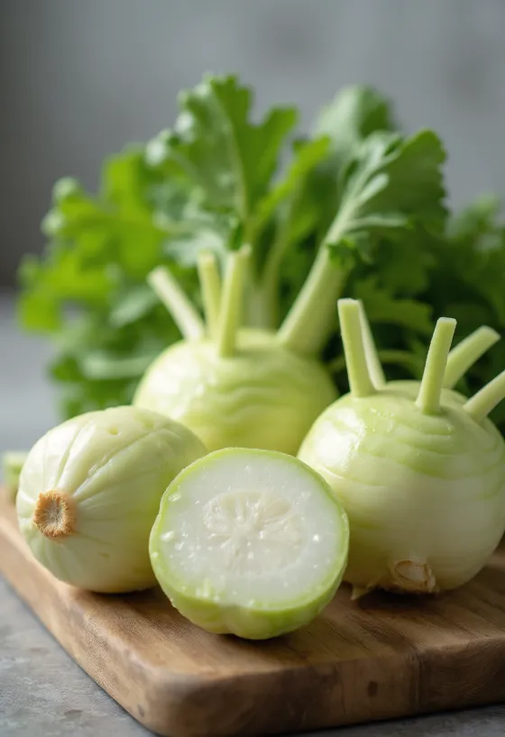 Fresh kohlrabi slices on a chopping board with green leaves in the background