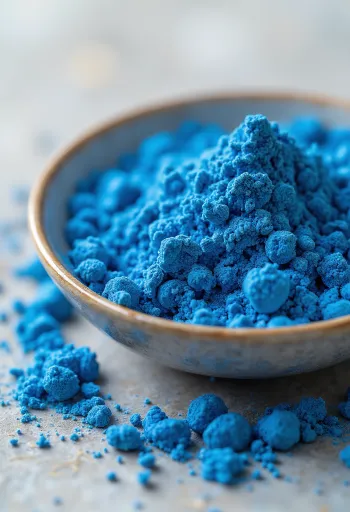 Vibrant blue spirulina powder in a small glass jar surrounded by algae