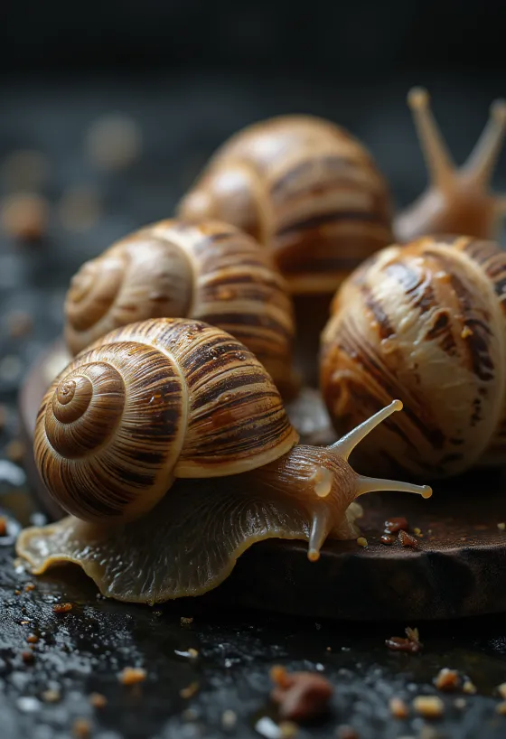 Prepared garden snail meat elegantly plated without shells.