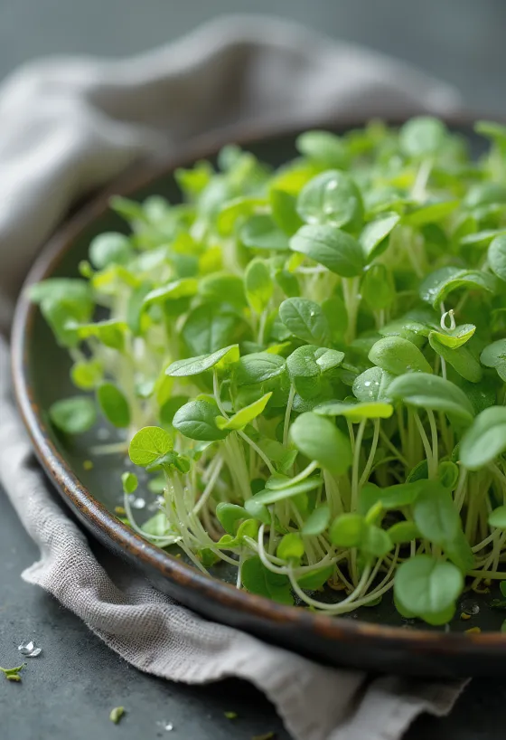 Fresh garden cress leaves with water droplets on a wooden surface.