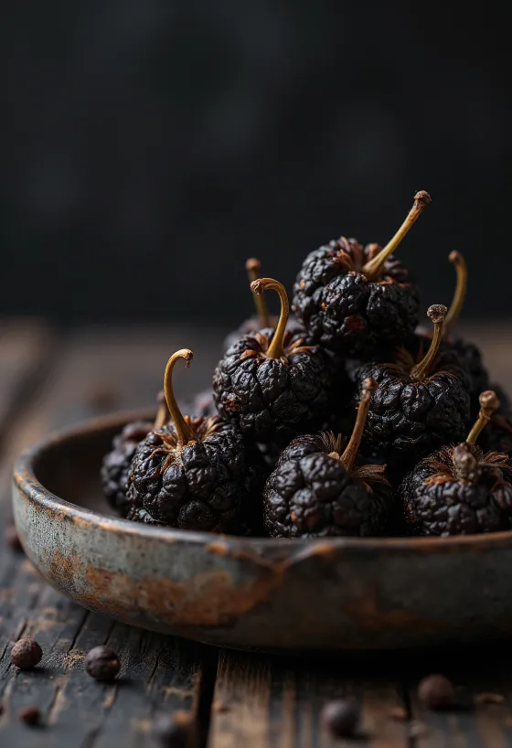 Dried Cubeb pepper berries (Piper cubeba) on a wooden surface.