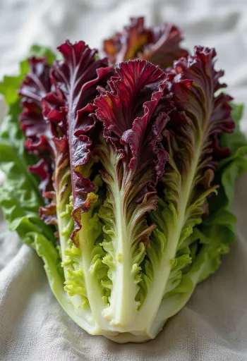 Fresh Lollo Rosso lettuce, red and green leaves on a chopping board