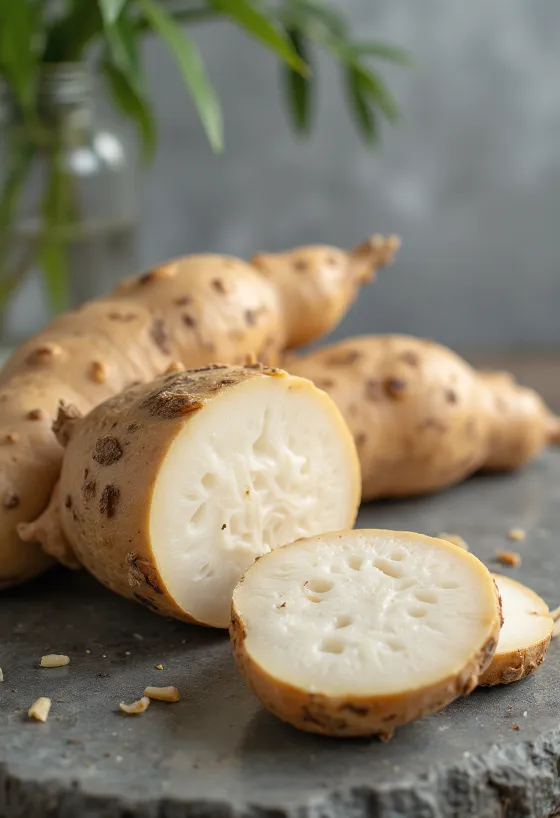 Sliced cassava (manioc) roots on a chopping board surrounded by fresh vegetables