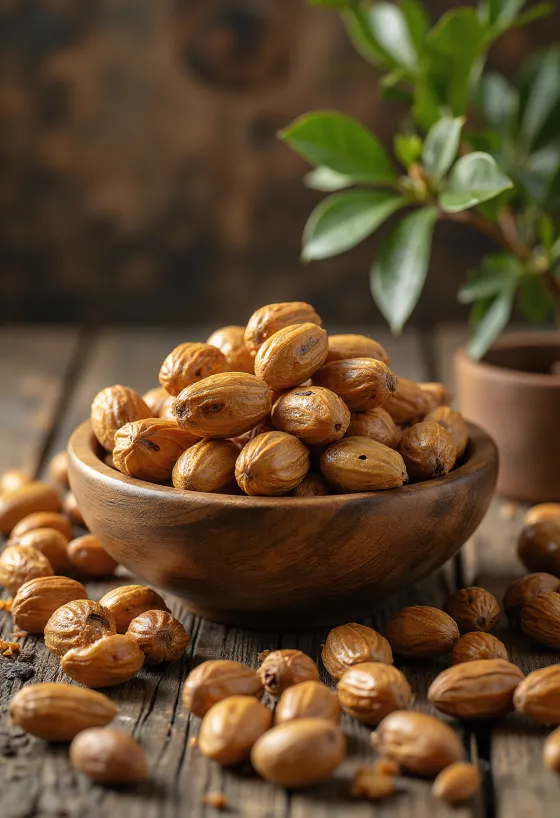 Mongongo nuts on a wooden surface.