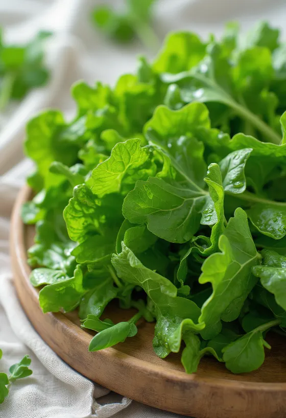 Fresh mustard green leaves with water droplets.