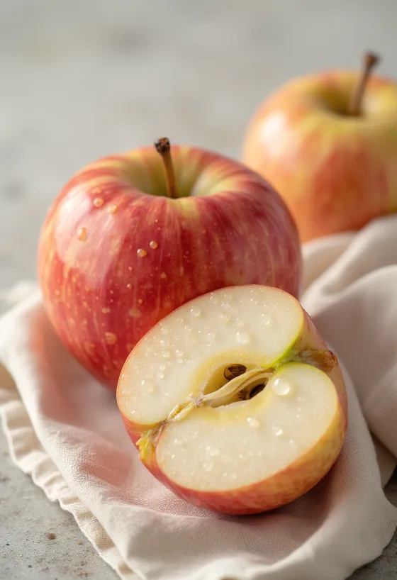 Fresh Mutsu apples and slices on a chopping board, in natural light