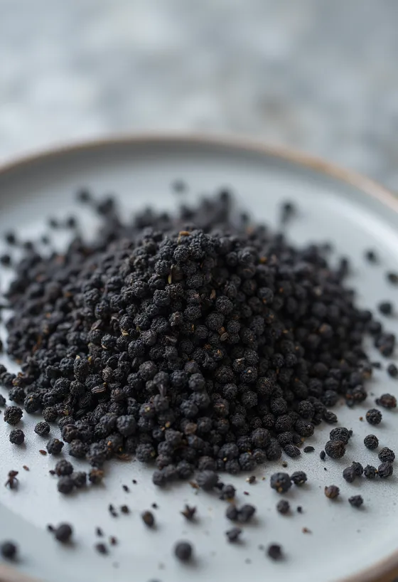 Dried Nigella seeds on a wooden surface.