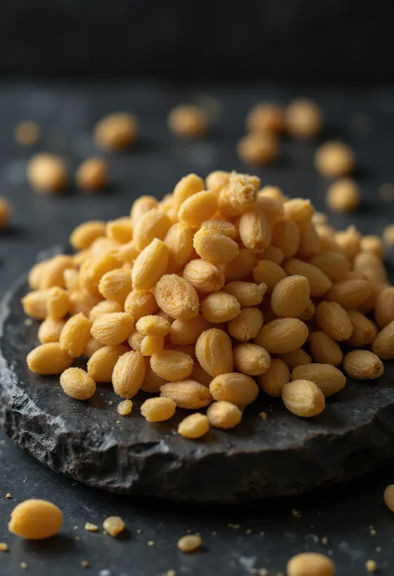Dried tomato seeds on a wooden surface.