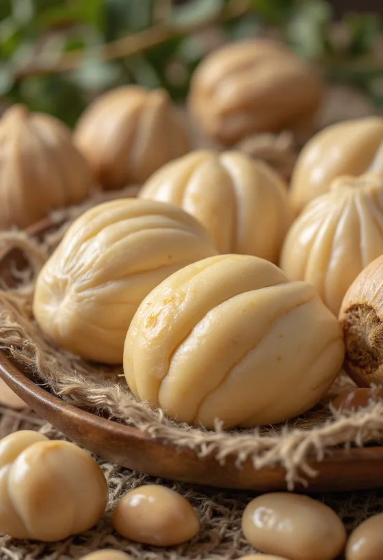 Pili nuts scattered on a rustic wooden kitchen counter.