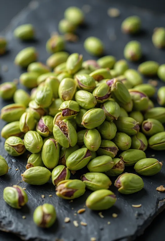 Shelled raw pistachio kernels on a white ceramic plate.