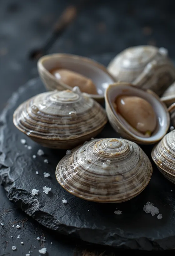 Fresh Quahog clam meat on a preparation surface