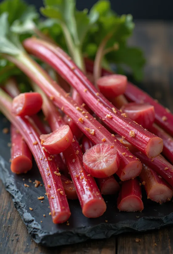Fresh rhubarb stalks on a cutting board, with prominent red and green colour