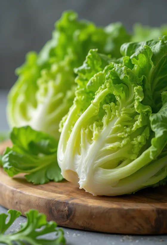 Fresh Romaine lettuce, long, crisp green leaves on a cutting board
