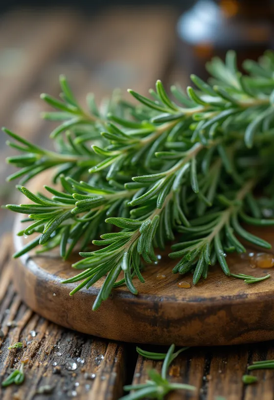 Fresh green rosemary needles arranged on a clean plate.