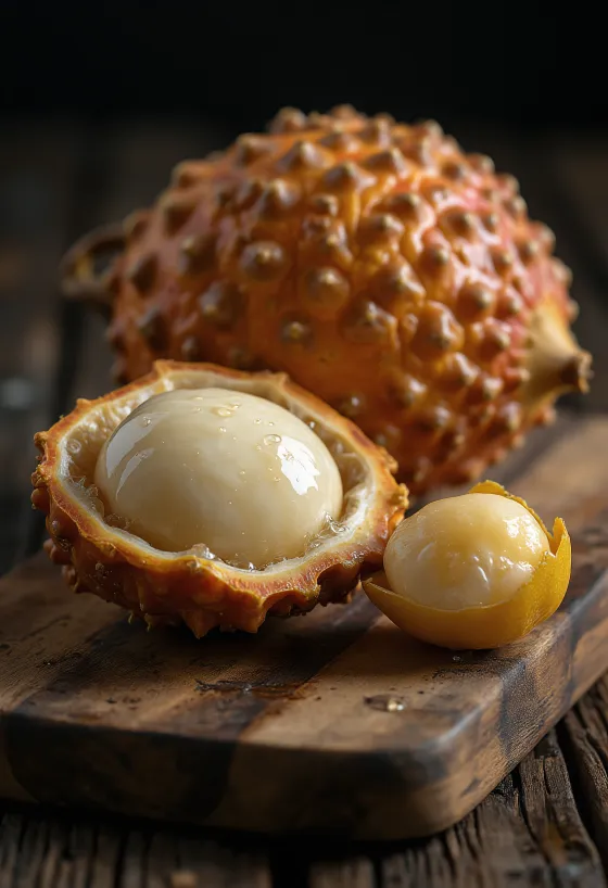 Peeled Salak (Snake Fruit) lobes on a cutting board.