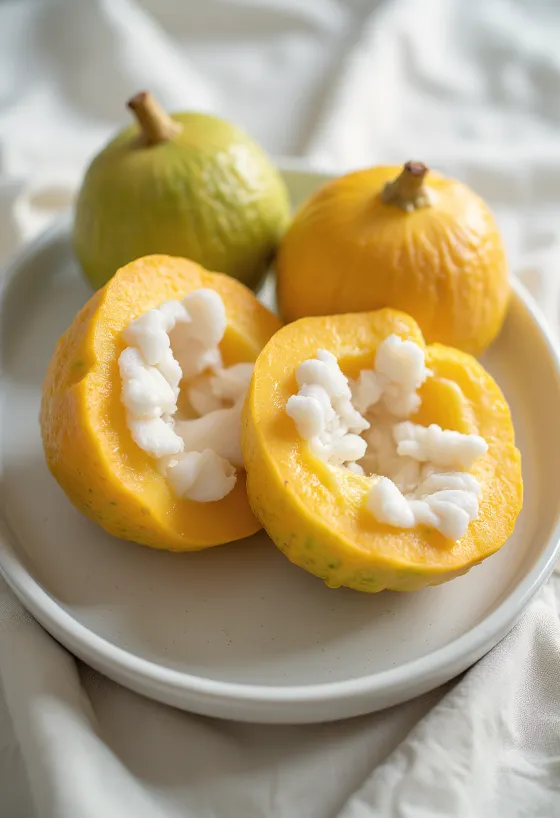 Slices of Santol fruit showing the white, cotton-like pulp.