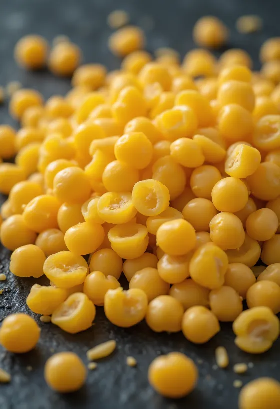 Yellow split peas arranged on a chopping board