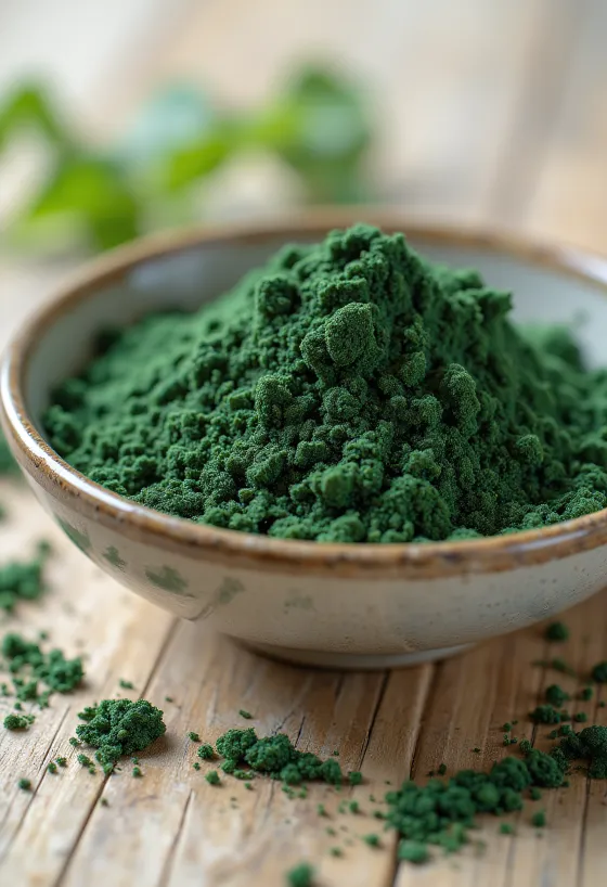 Spirulina powder in a small jar, rich green colour, surrounded by spirulina tablets