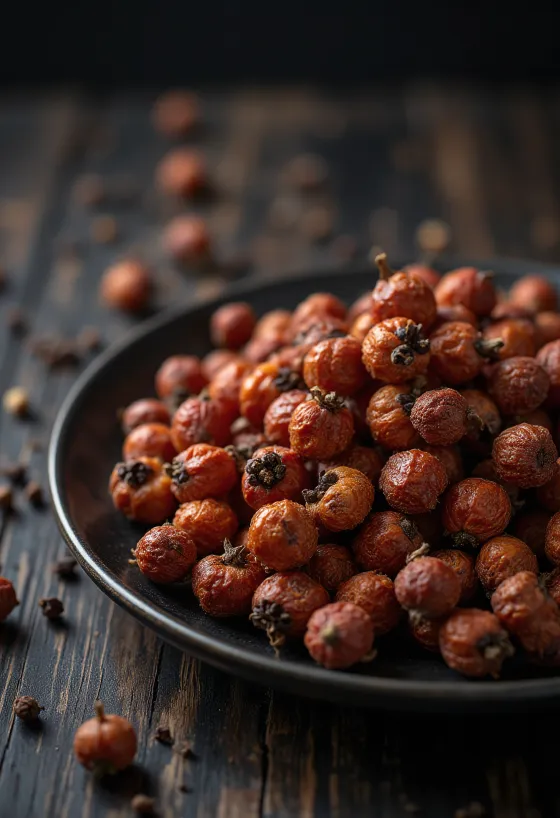 Sichuan peppercorns scattered on a wooden surface.