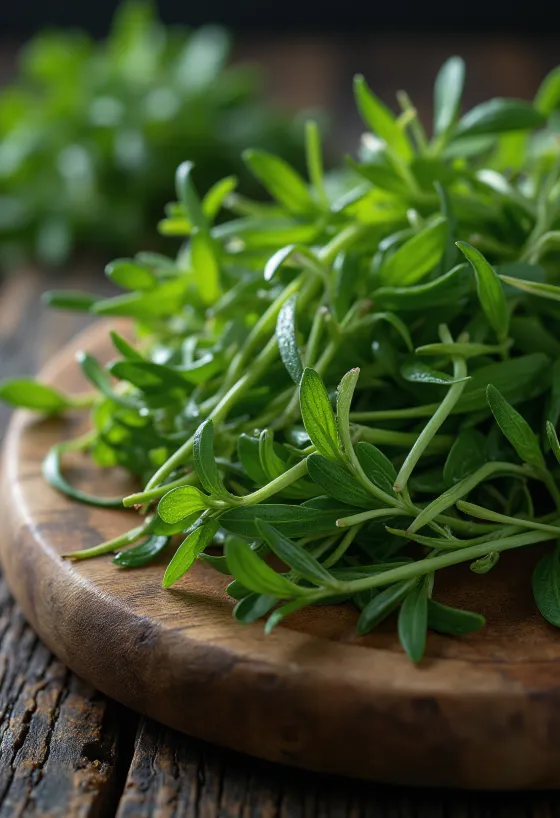 Fresh Russian Tarragon leaves with water droplets.