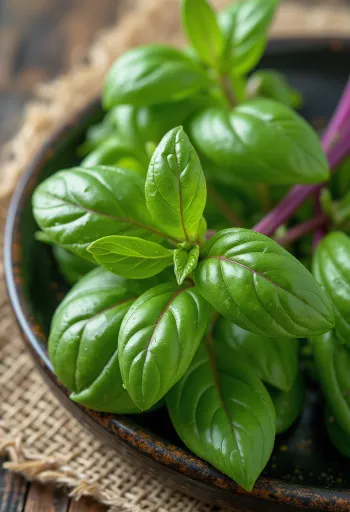 Fresh Thai Basil leaves on a clean plate